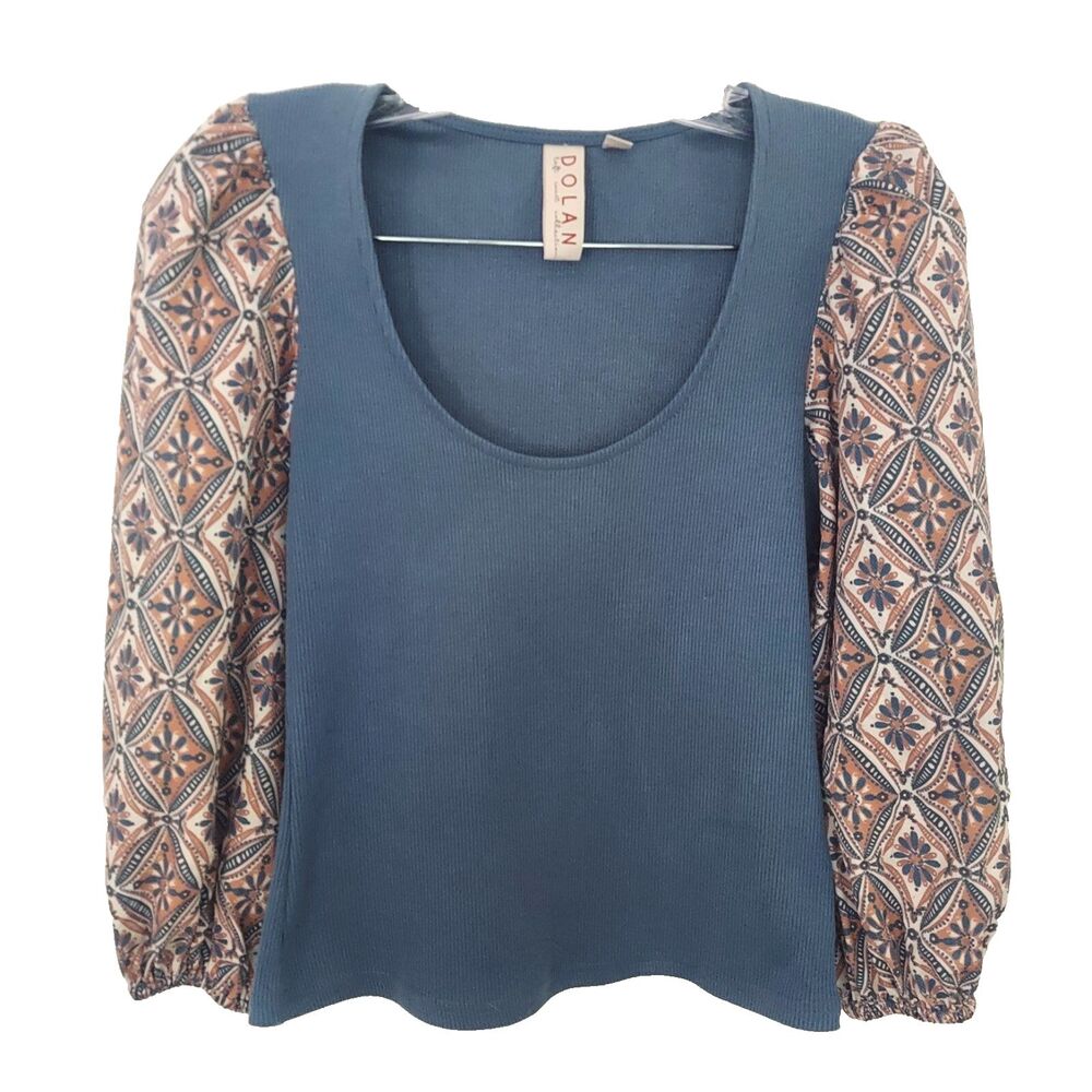 Dolan Anthropologie Top XXS Puff Sleeve Blue Ribbed Mixed Fabric